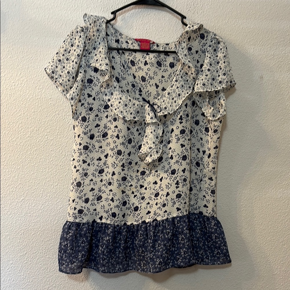 Sunny Leigh Cream and Blue Flutter Sleeve Peplum Blouse